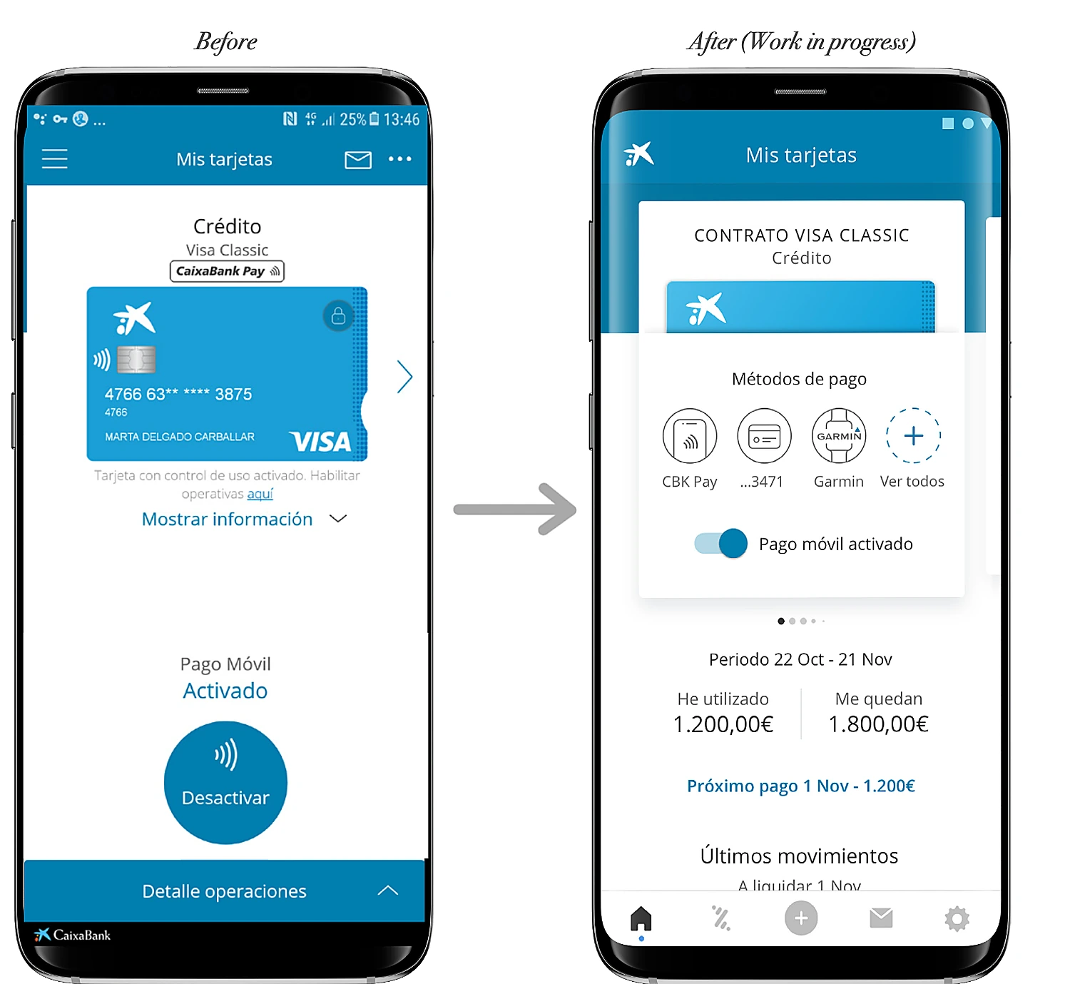 Before and after CaixaBank Pay app screens