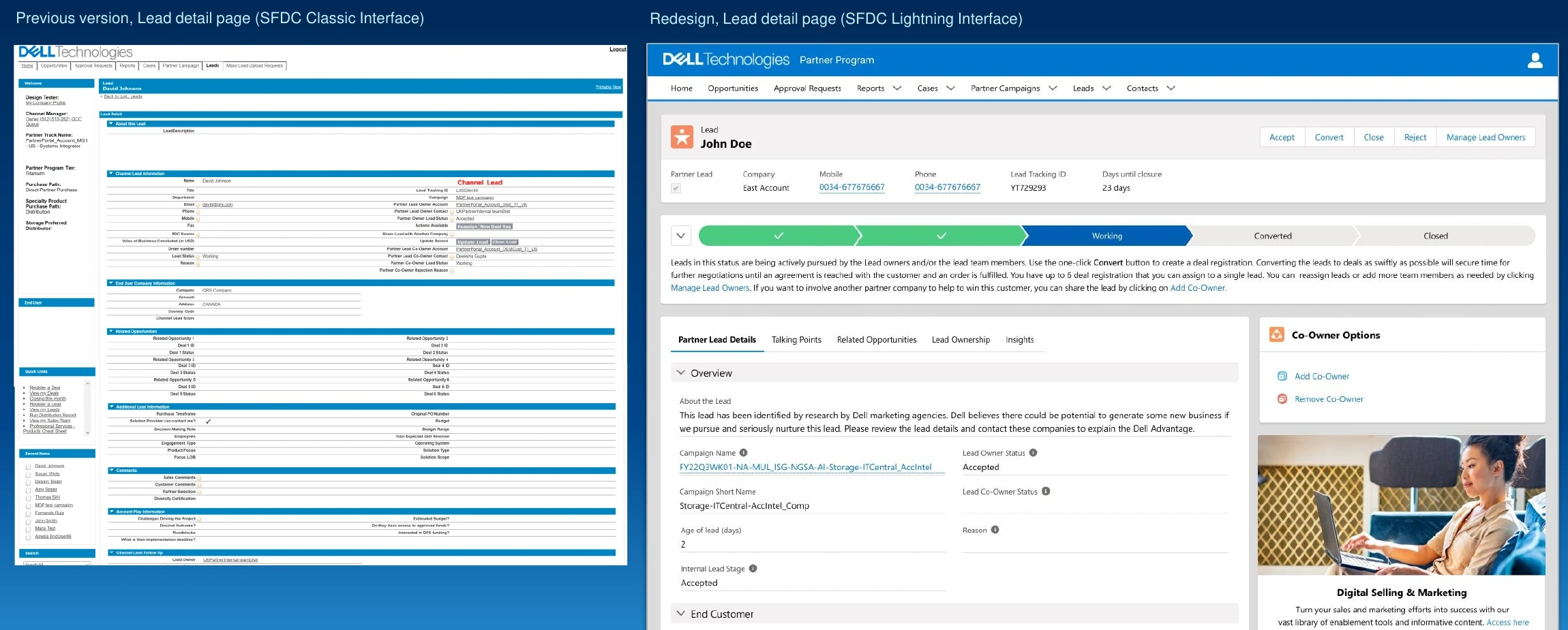 Salesforce Classic versus Lightning lead detail page
