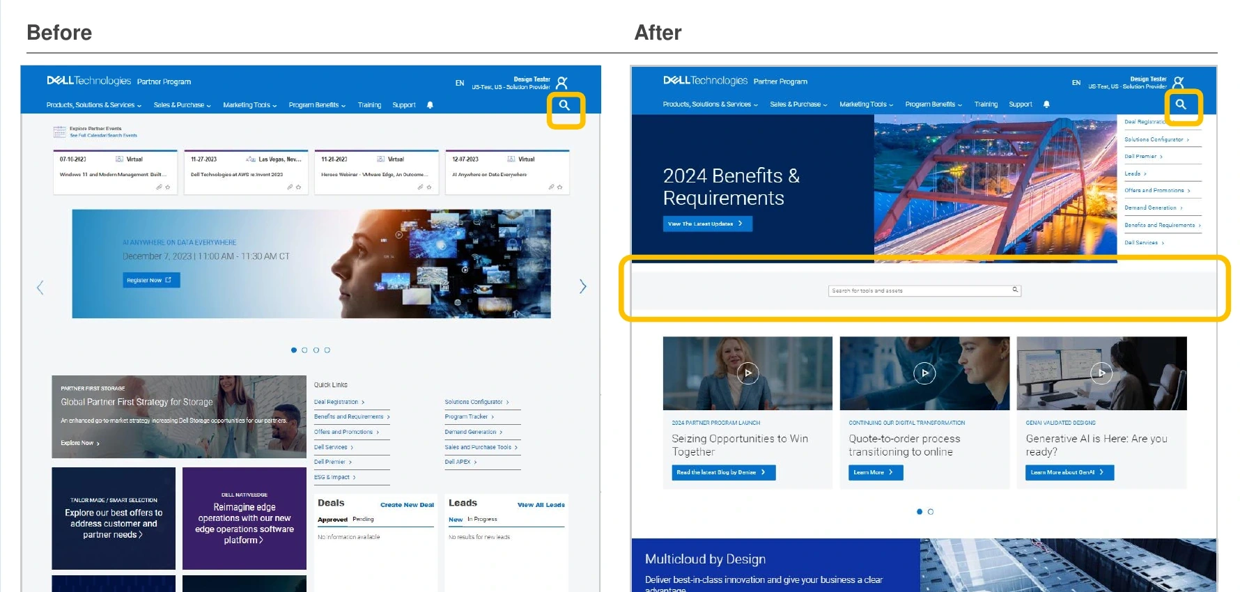 Partner Portal search before and after
